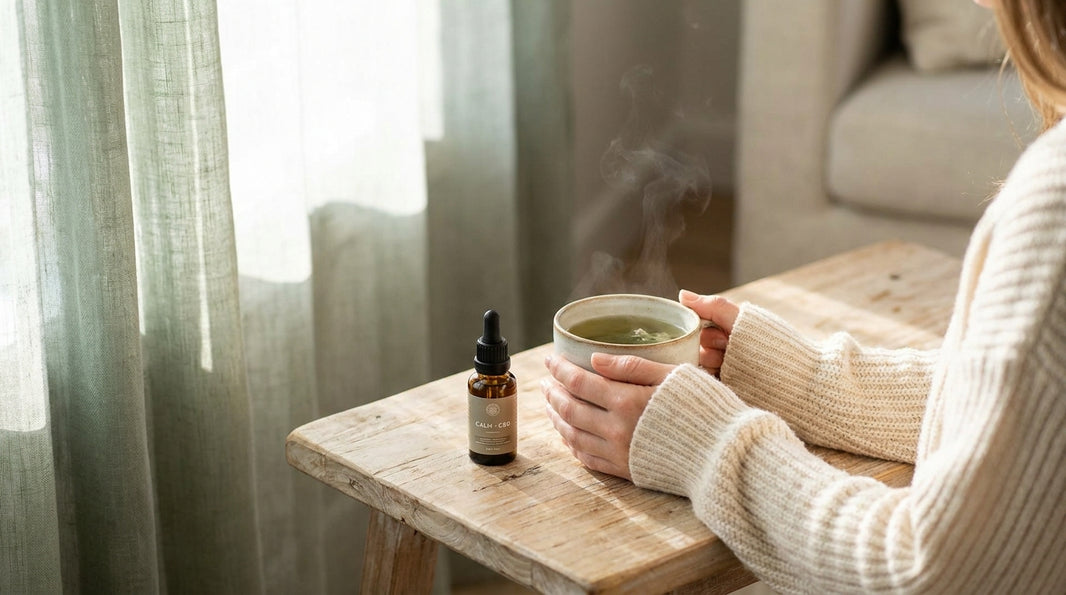 L-Theanine vs CBD comparison - green tea and calming wellness scene