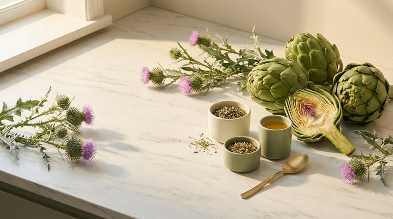 Fresh artichokes and milk thistle representing liver support and detoxification