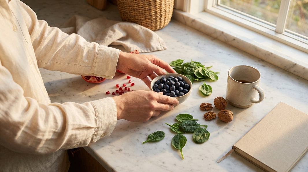 Woman doing warrior yoga pose on hillside at golden hour — strength and vitality with alpha lipoic acid