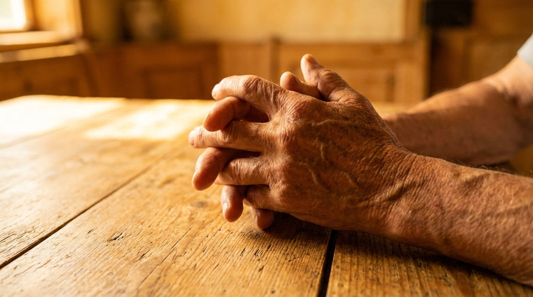 Alpha lipoic acid for nerve pain - hands resting on warm honey-toned wood in golden light