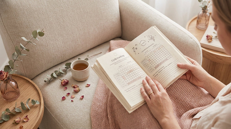 Woman's hands with cycle tracking journal representing PCOS self-care and hormone management
