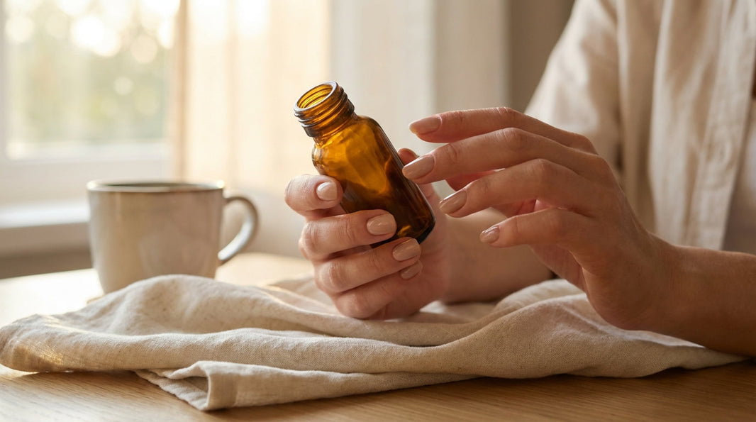 Woman examining supplement bottle in morning light