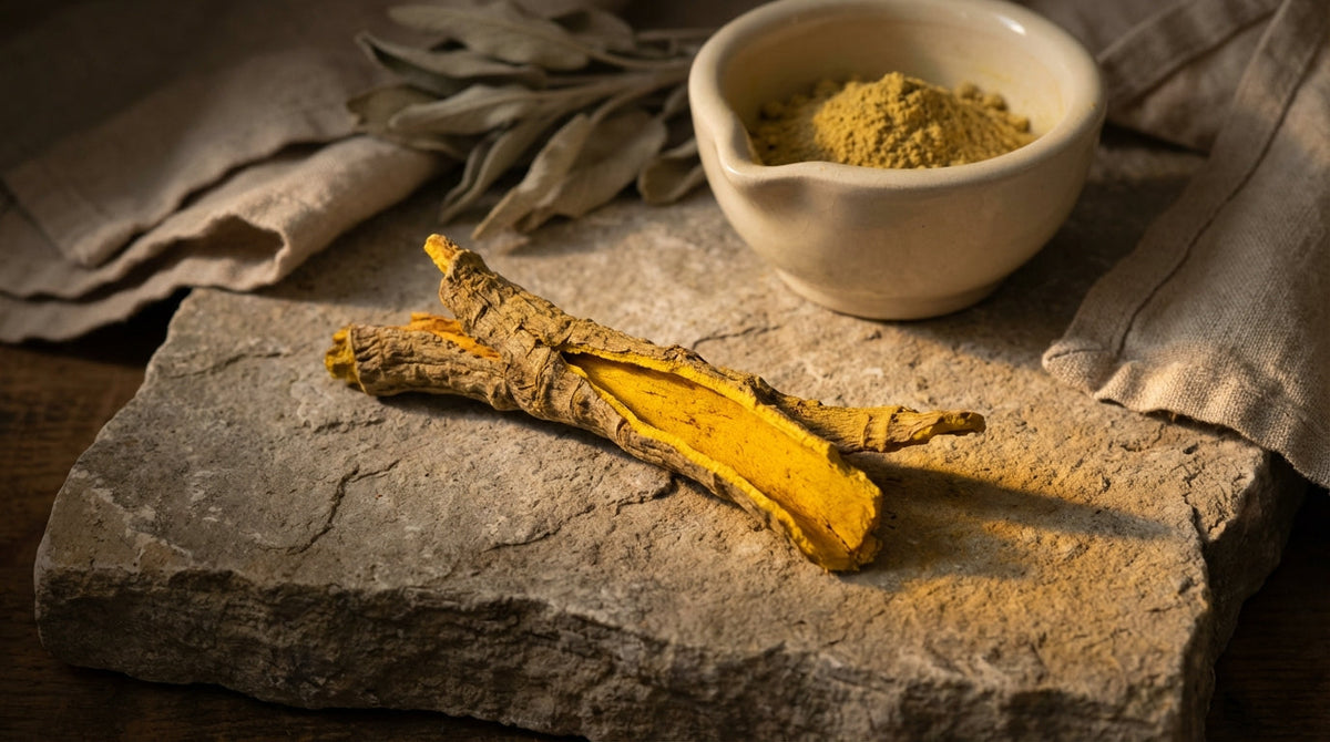Golden berberine bark split open on limestone surface with warm amber raking light