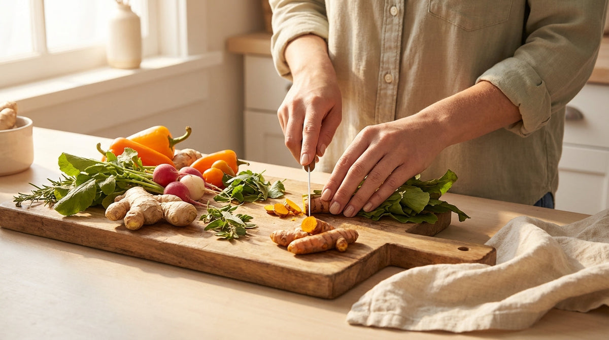 Fresh healing ingredients on a wooden cutting board with warm morning light