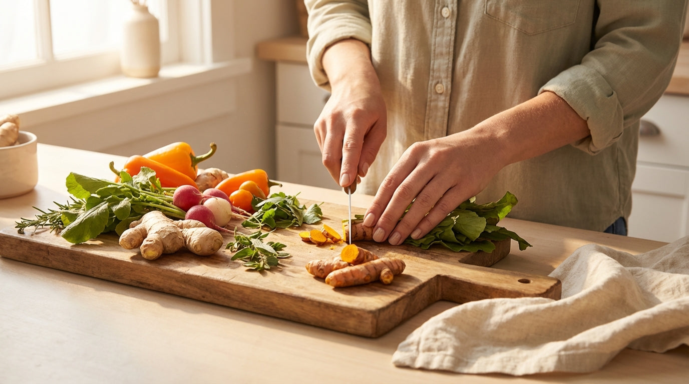 Fresh healing ingredients on a wooden cutting board with warm morning light
