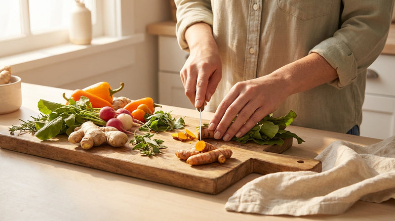 Fresh healing ingredients on a wooden cutting board with warm morning light