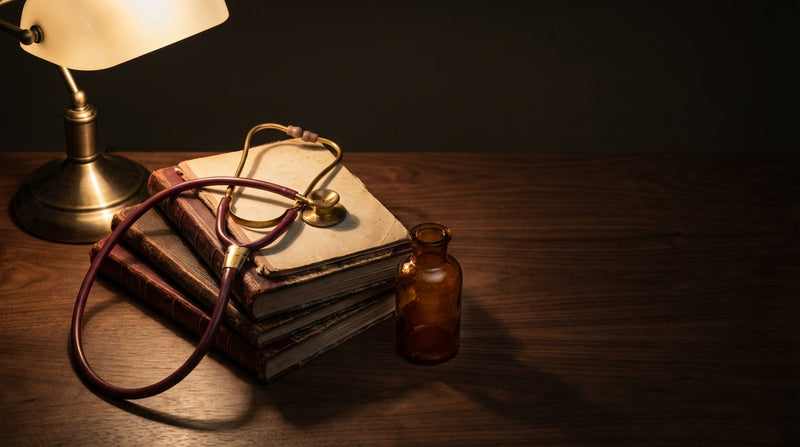 Stethoscope draped across medical journals on a warm walnut desk with dramatic Rembrandt lighting