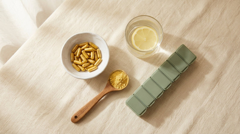 Top-down still life of golden berberine capsules in a white ceramic bowl with a measuring spoon and glass of water on cream linen