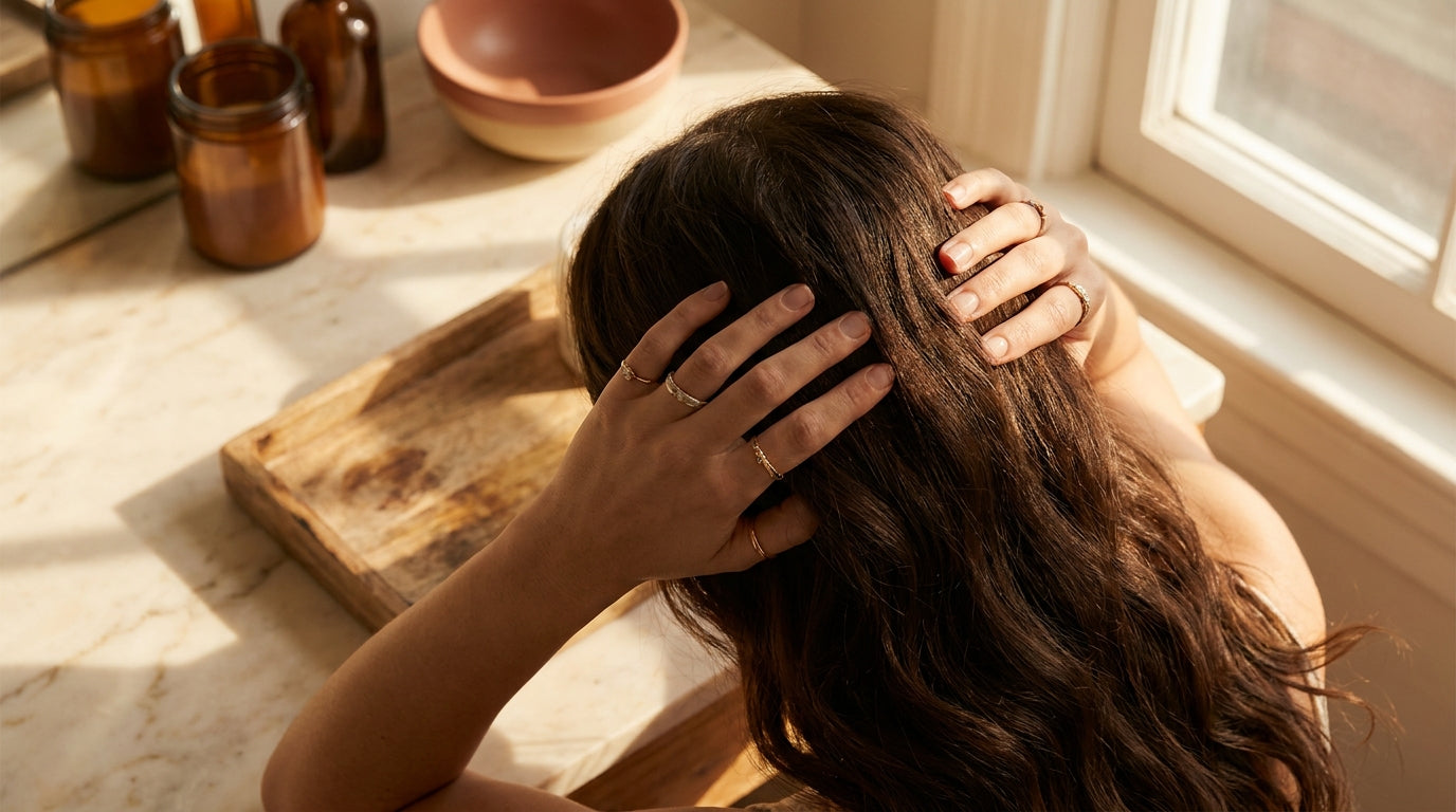Woman touching healthy hair with golden morning light
