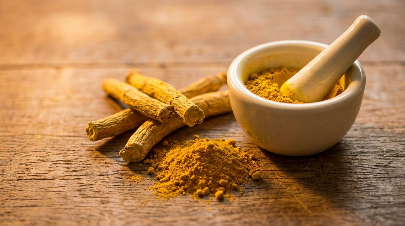 Golden berberine root pieces and powder with dramatic lighting