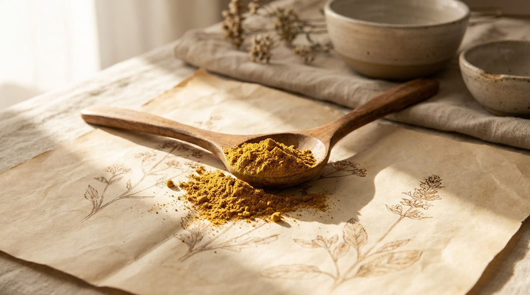 Golden berberine powder on aged parchment representing ancient wisdom and longevity