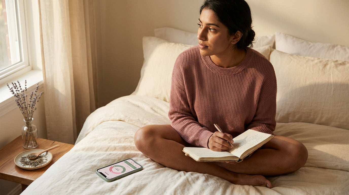 Woman journaling with cycle tracking app in morning light representing PCOS hormonal health management