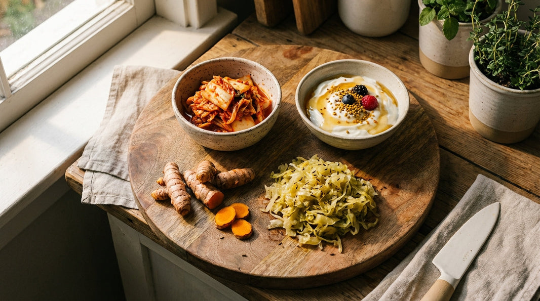 Gut-healthy fermented foods representing microbiome support