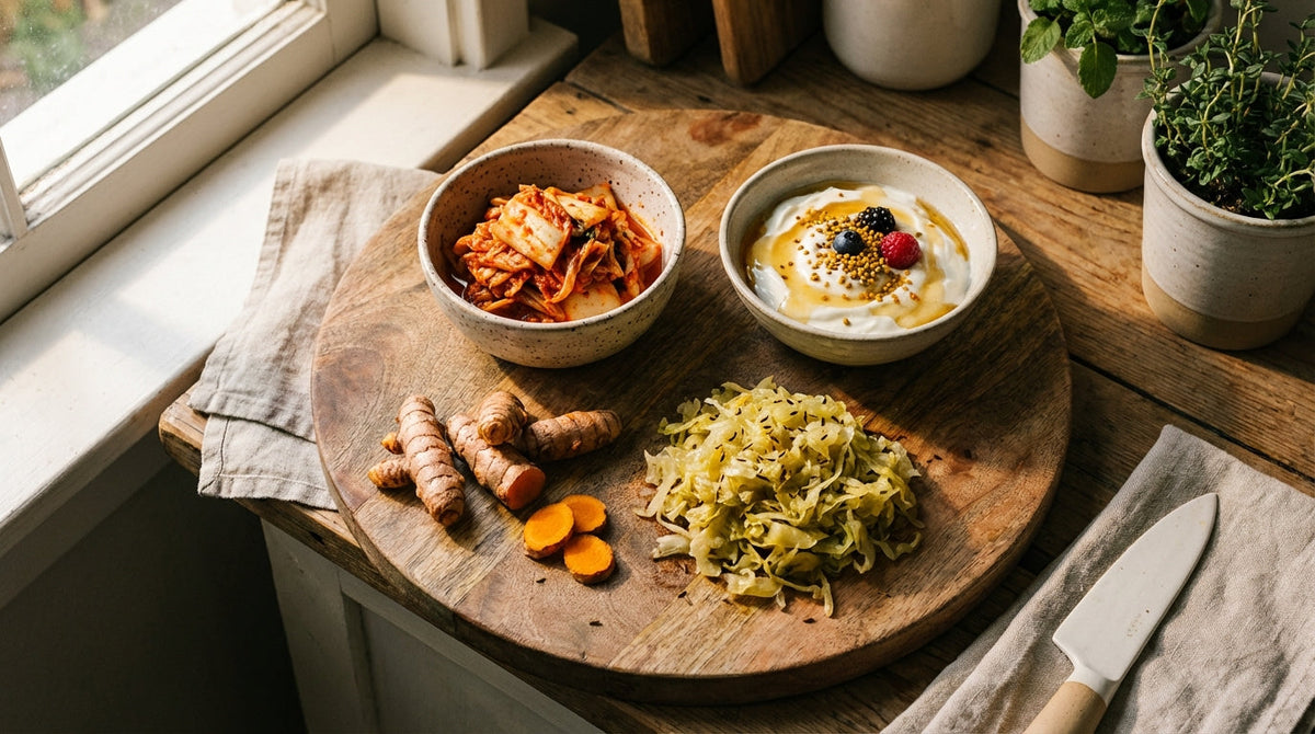 Gut-healthy fermented foods representing microbiome support