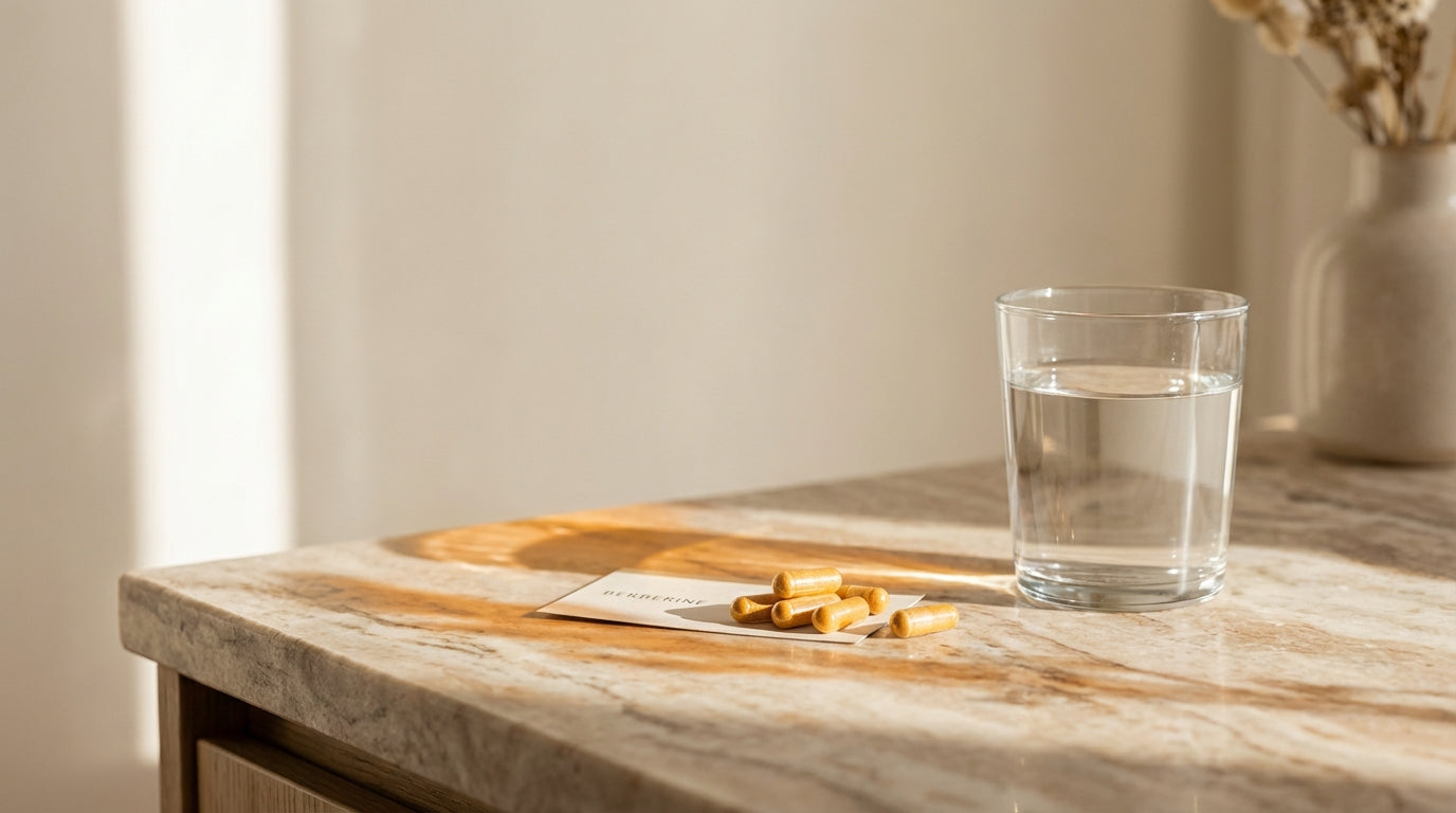 Golden berberine supplement capsules beside a glass of water in warm side light