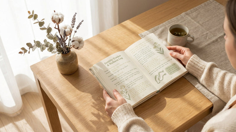Fertility tracking journal on wooden table with soft morning light, representing intentional PCOS management