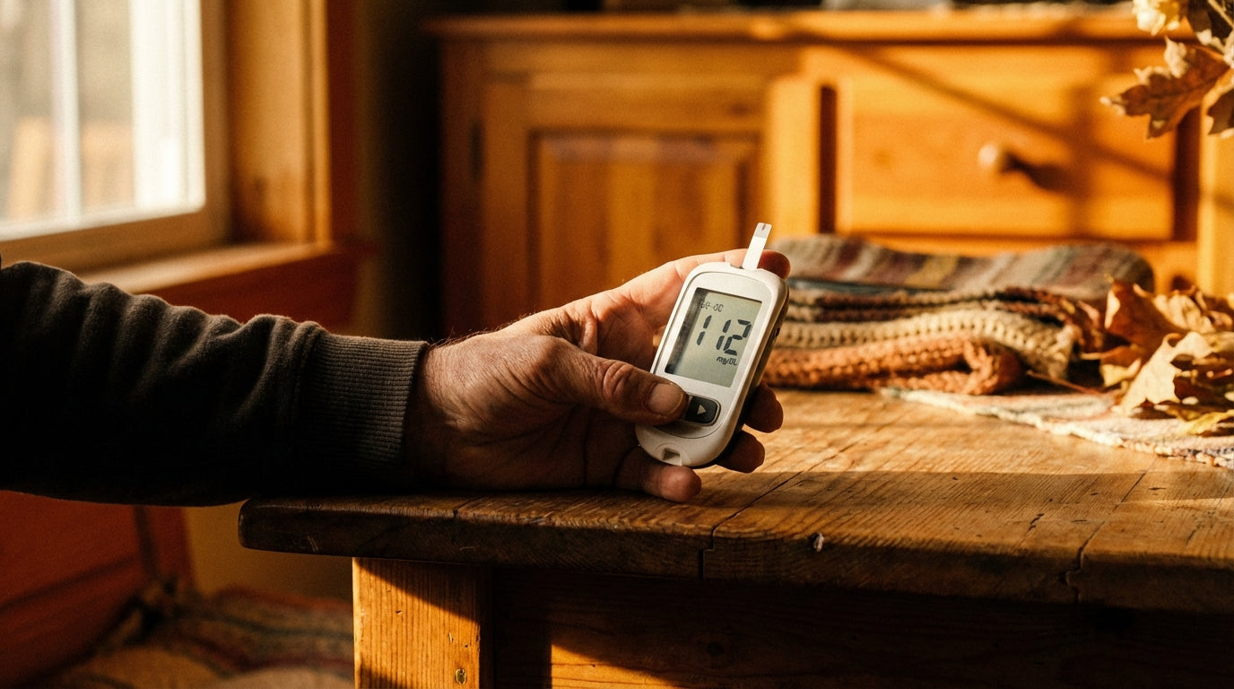 Hand holding blood glucose monitor in warm documentary lighting, representing blood sugar management