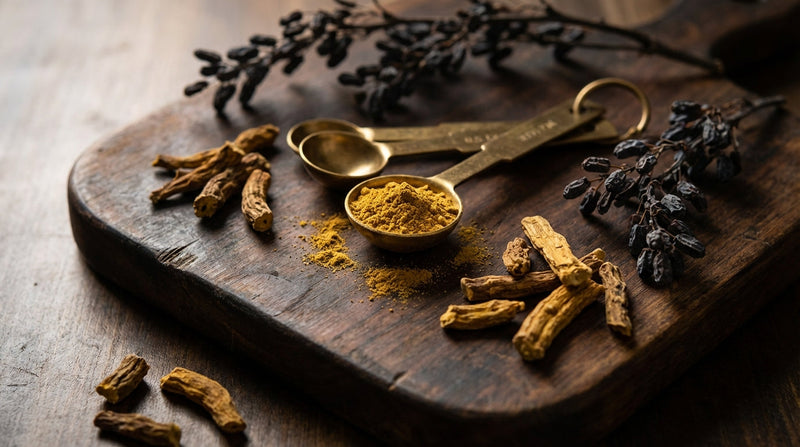 Golden berberine root and powder on dark walnut board, still life editorial photography