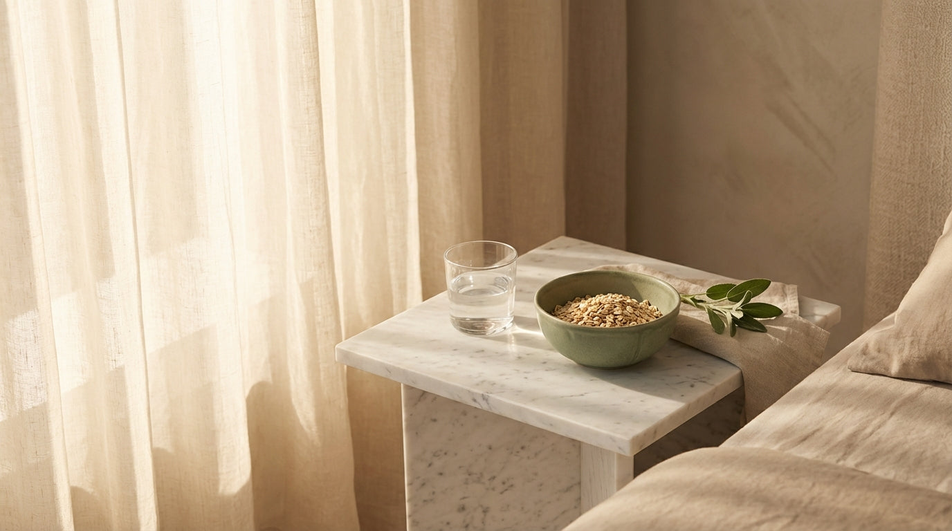 Serene morning wellness scene with golden sunrise light and mindful supplement ritual