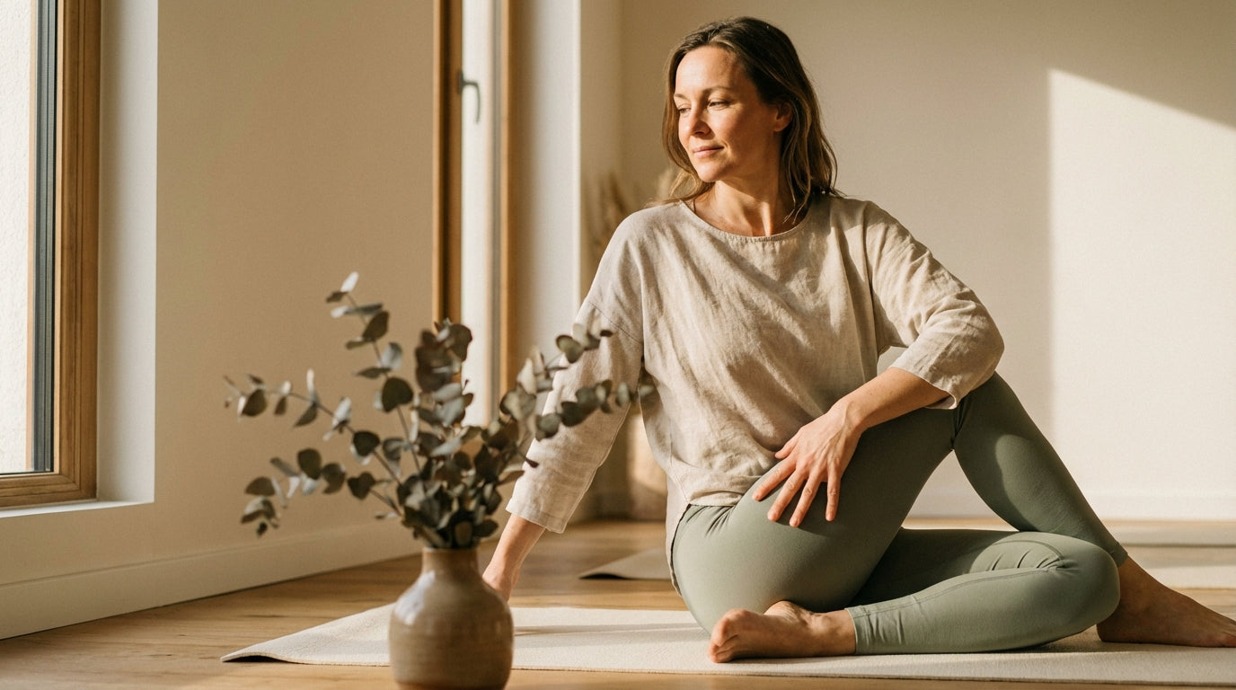 Woman doing morning yoga stretch in sun-filled room for hormonal wellness