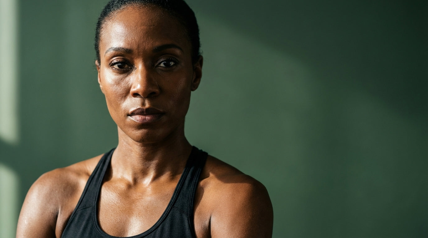 Determined woman with post-workout glow representing hormonal balance and healthy weight management