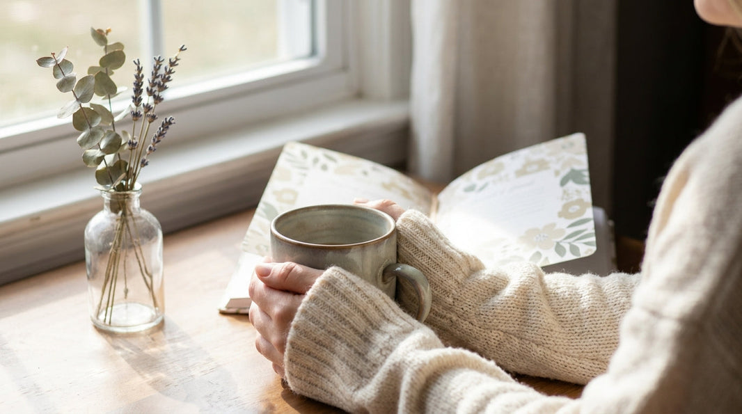 Woman enjoying quiet self-care moment with warm mug and journal, morning light