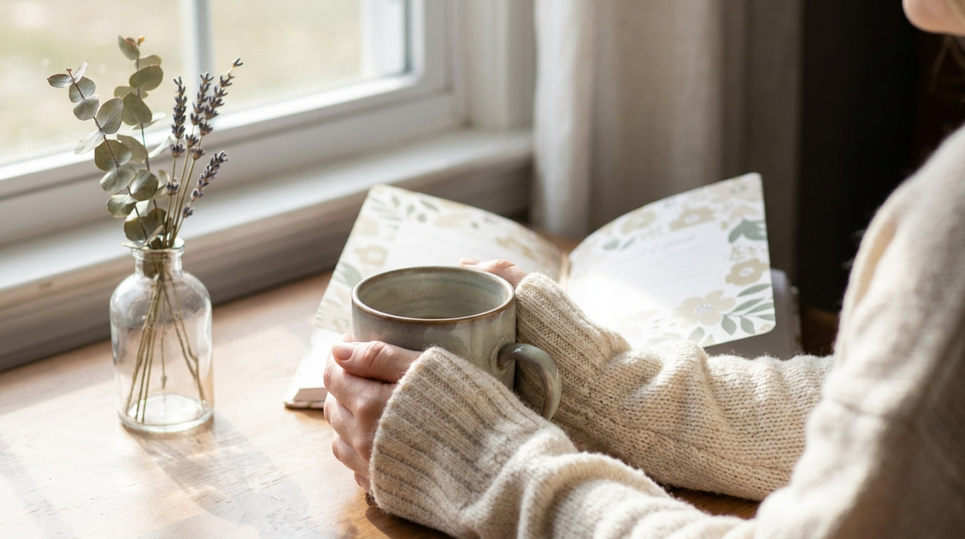 Woman enjoying quiet self-care moment with warm mug and journal, morning light