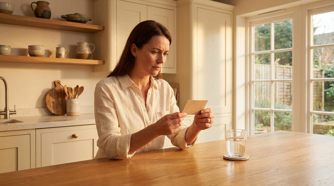 Woman reading a supplement label thoughtfully in warm morning kitchen light