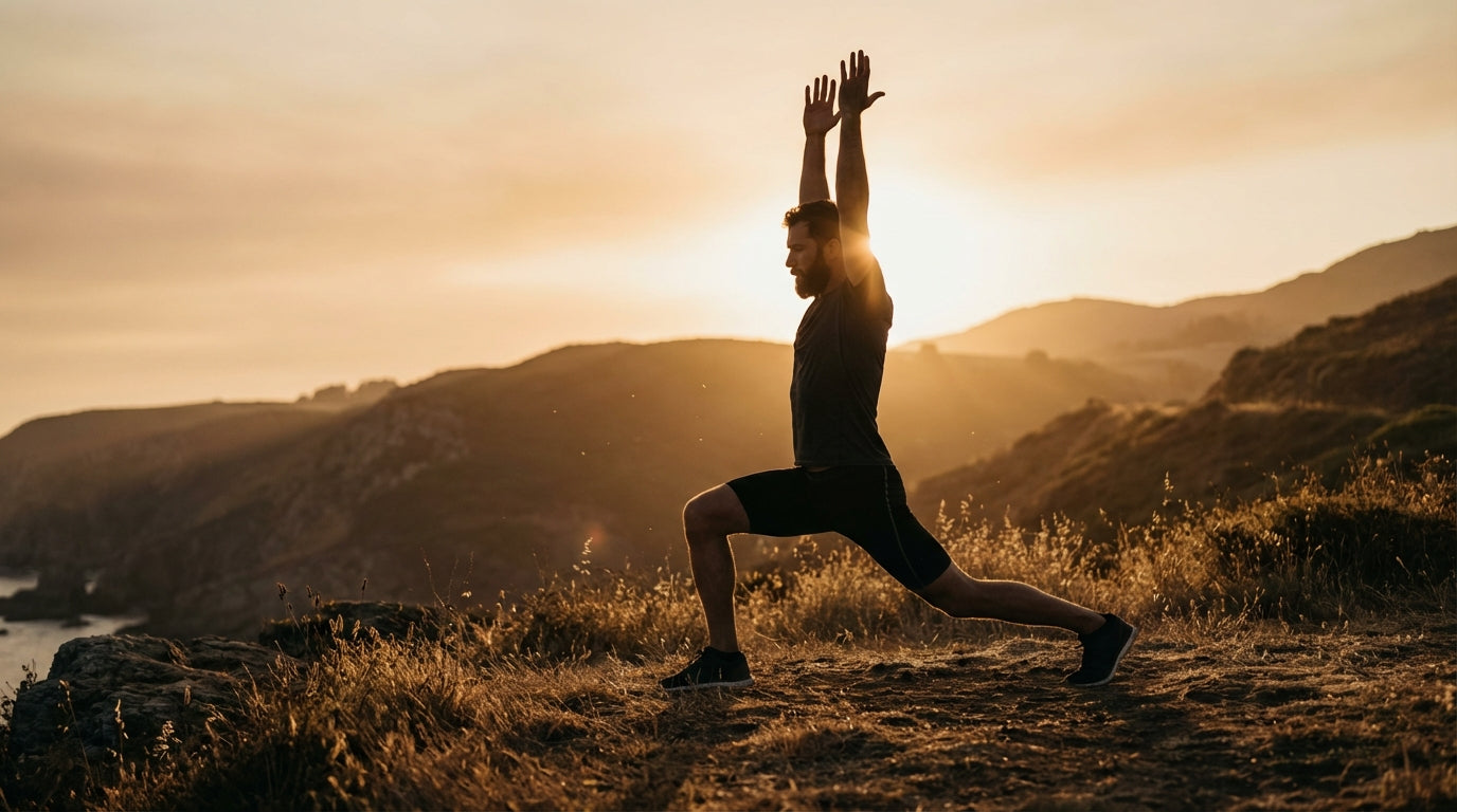 Athletic man stretching at sunrise