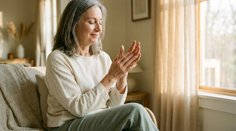 Woman gently massaging her hand in warm morning light, conveying joint comfort and self-care