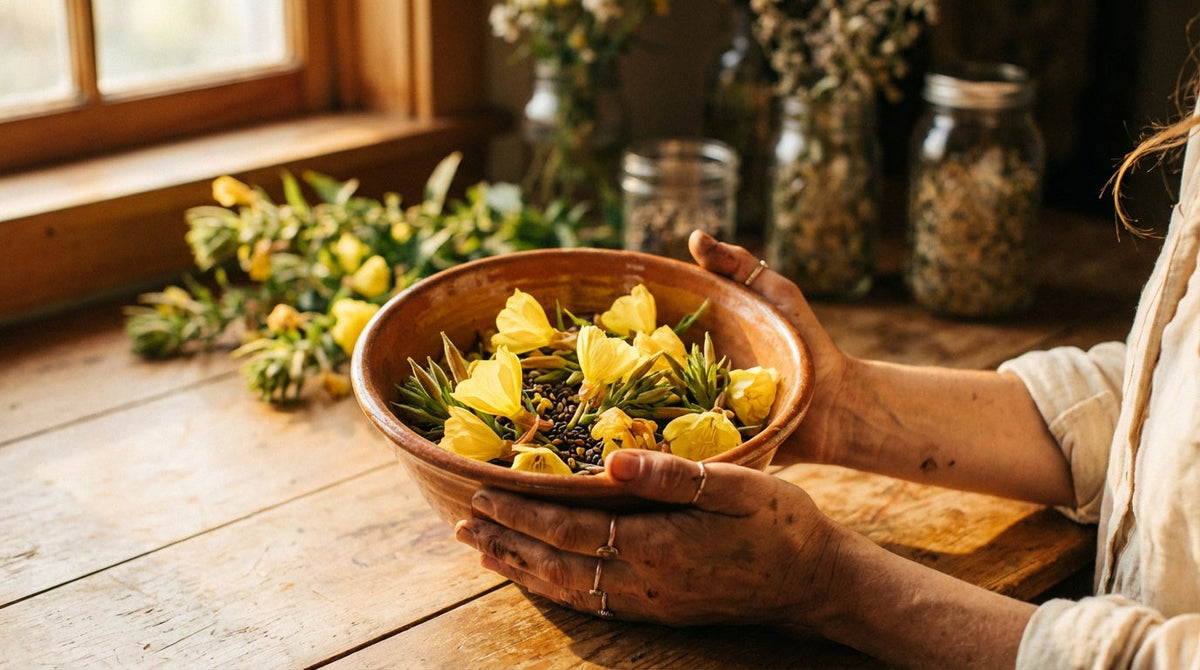 Hands cradling evening primrose flowers and seeds in warm Rembrandt light representing natural fertility support