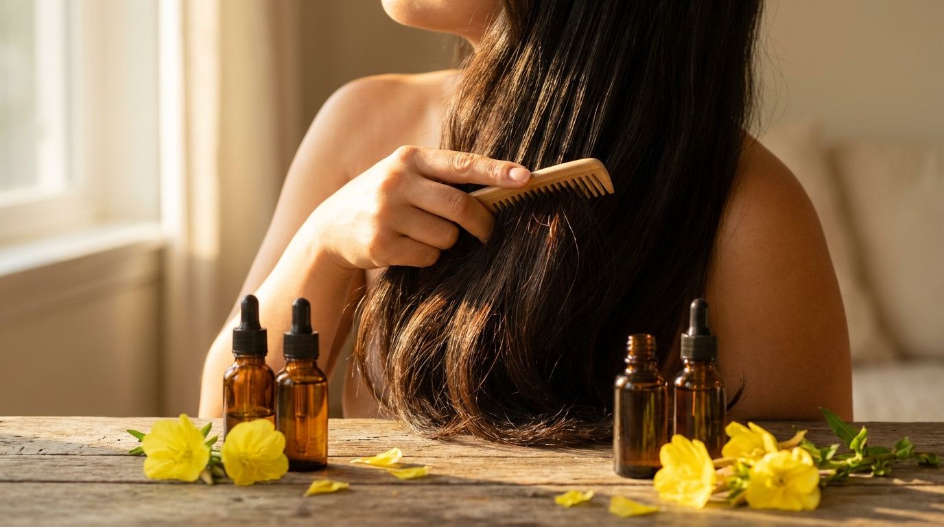 Evening primrose oil for hair health with golden oil and primrose flowers