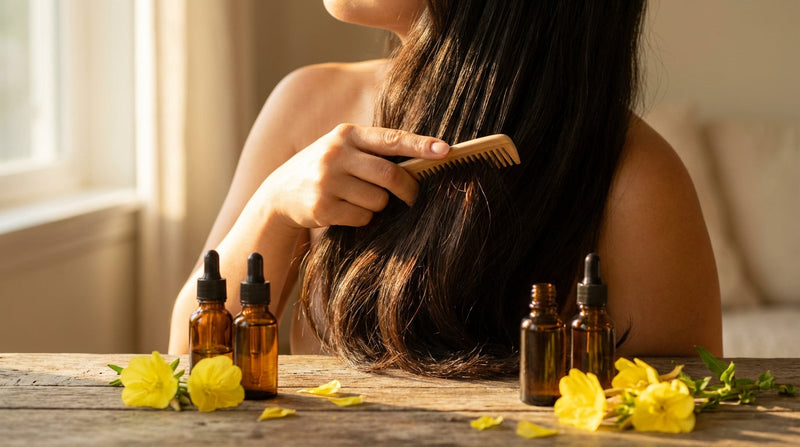 Evening primrose oil for hair health with golden oil and primrose flowers