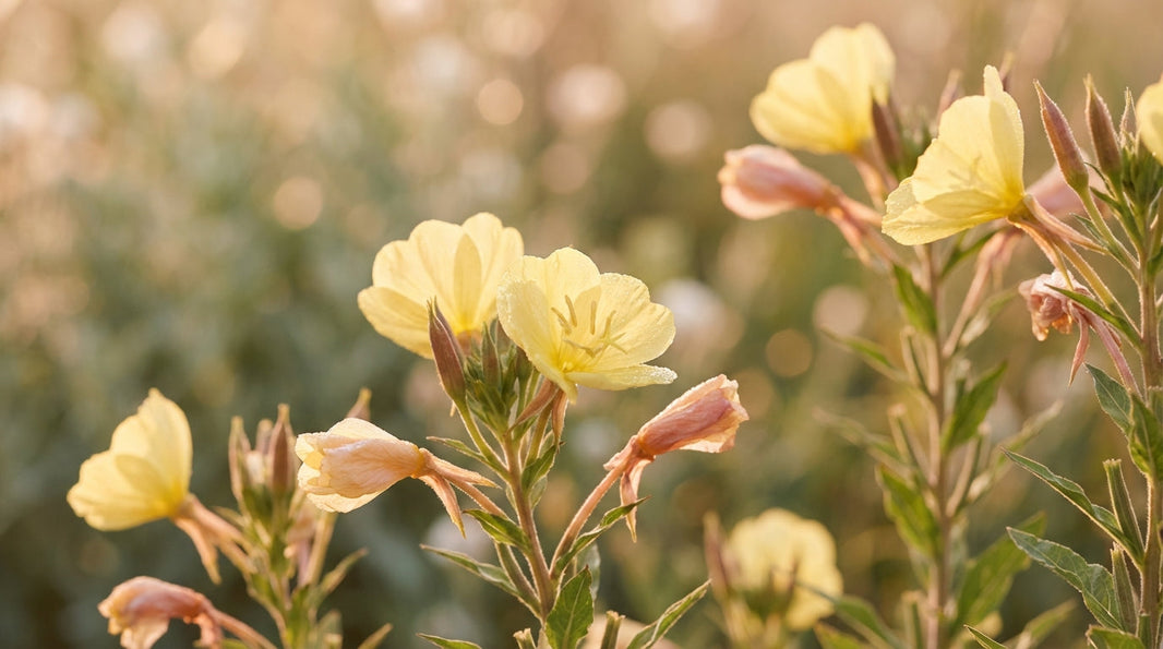 Evening primrose flowers in golden hour light