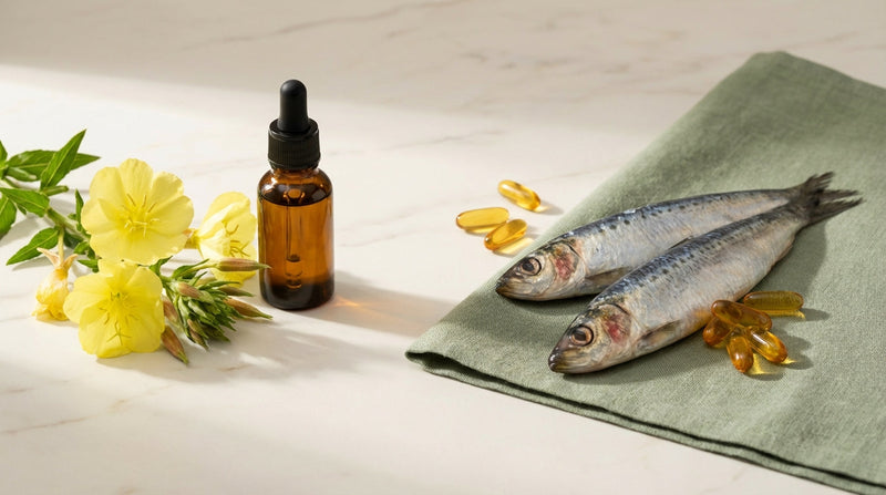 Evening primrose flowers and fish oil capsules comparison showing two omega sources