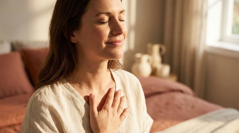 Woman in peaceful self-care moment with soft morning light