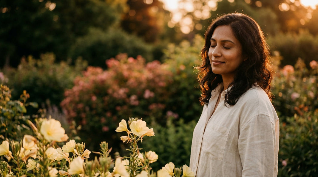 Woman experiencing hormonal relief surrounded by evening primrose flowers in golden hour light