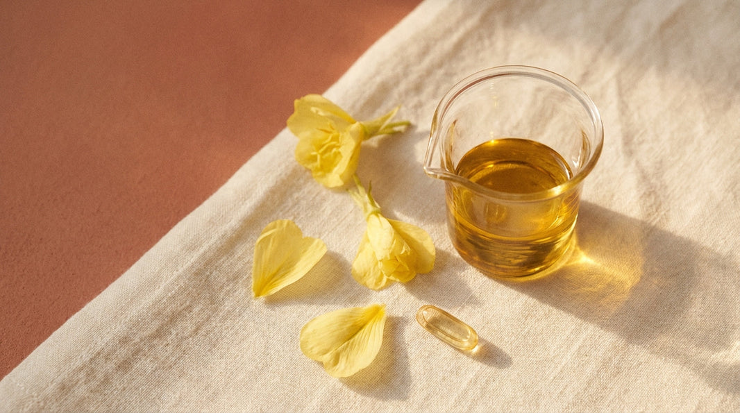 Overhead flat lay of evening primrose oil in apothecary measuring cup with yellow primrose petals on cream linen