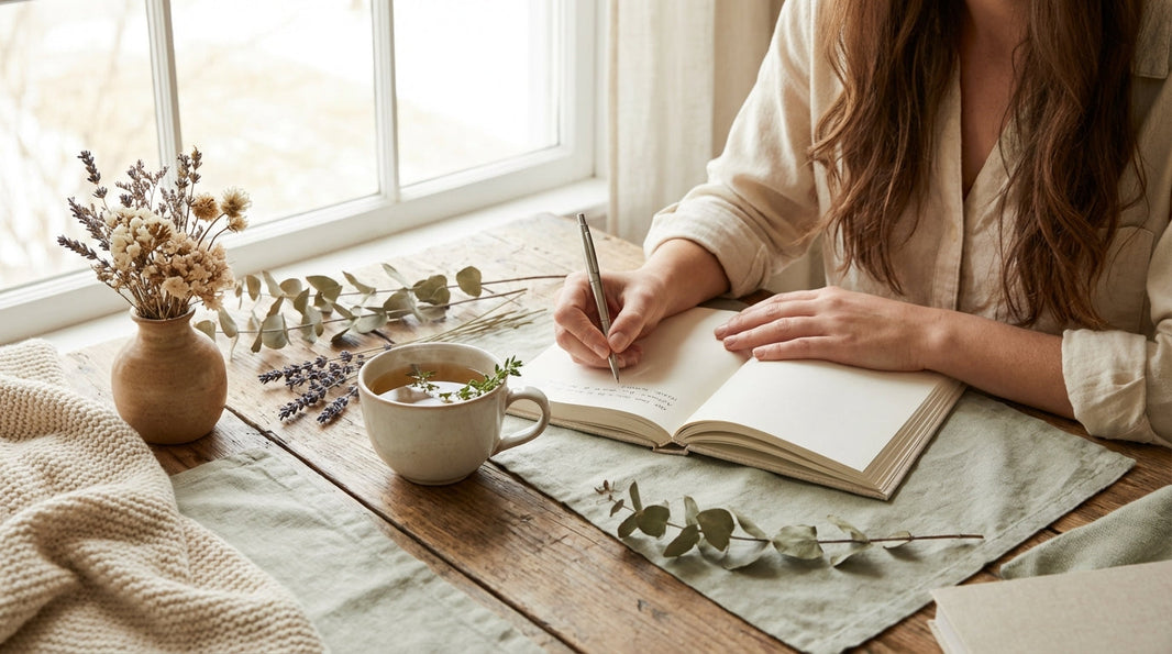 Wellness journal and herbal tea - women's hormone support morning ritual