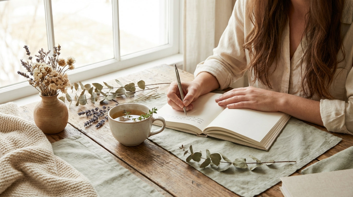 Wellness journal and herbal tea - women's hormone support morning ritual