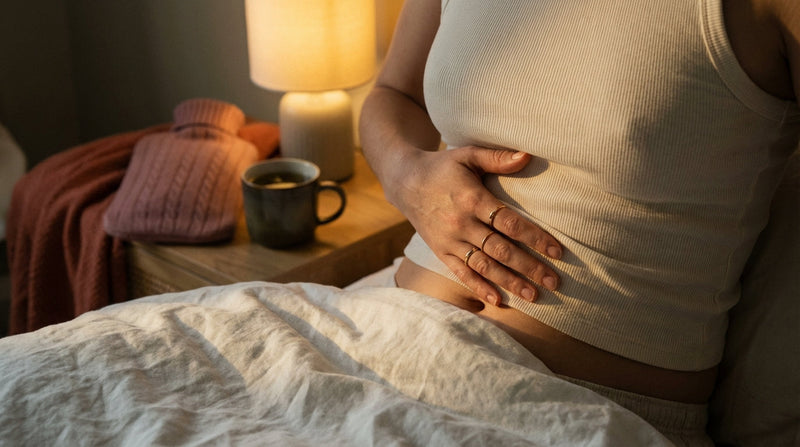 Intimate self-care scene with warm lighting representing gentle PMS relief with evening primrose oil