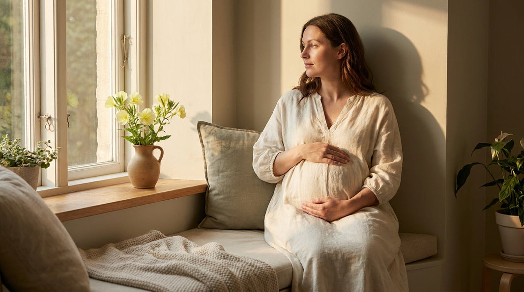 Expectant mother in morning light with evening primrose flowers nearby