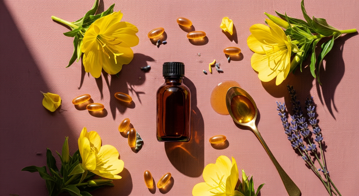 Evening primrose oil bottle with yellow flowers and gold softgel capsules on dusty rose linen - KINDNATURE