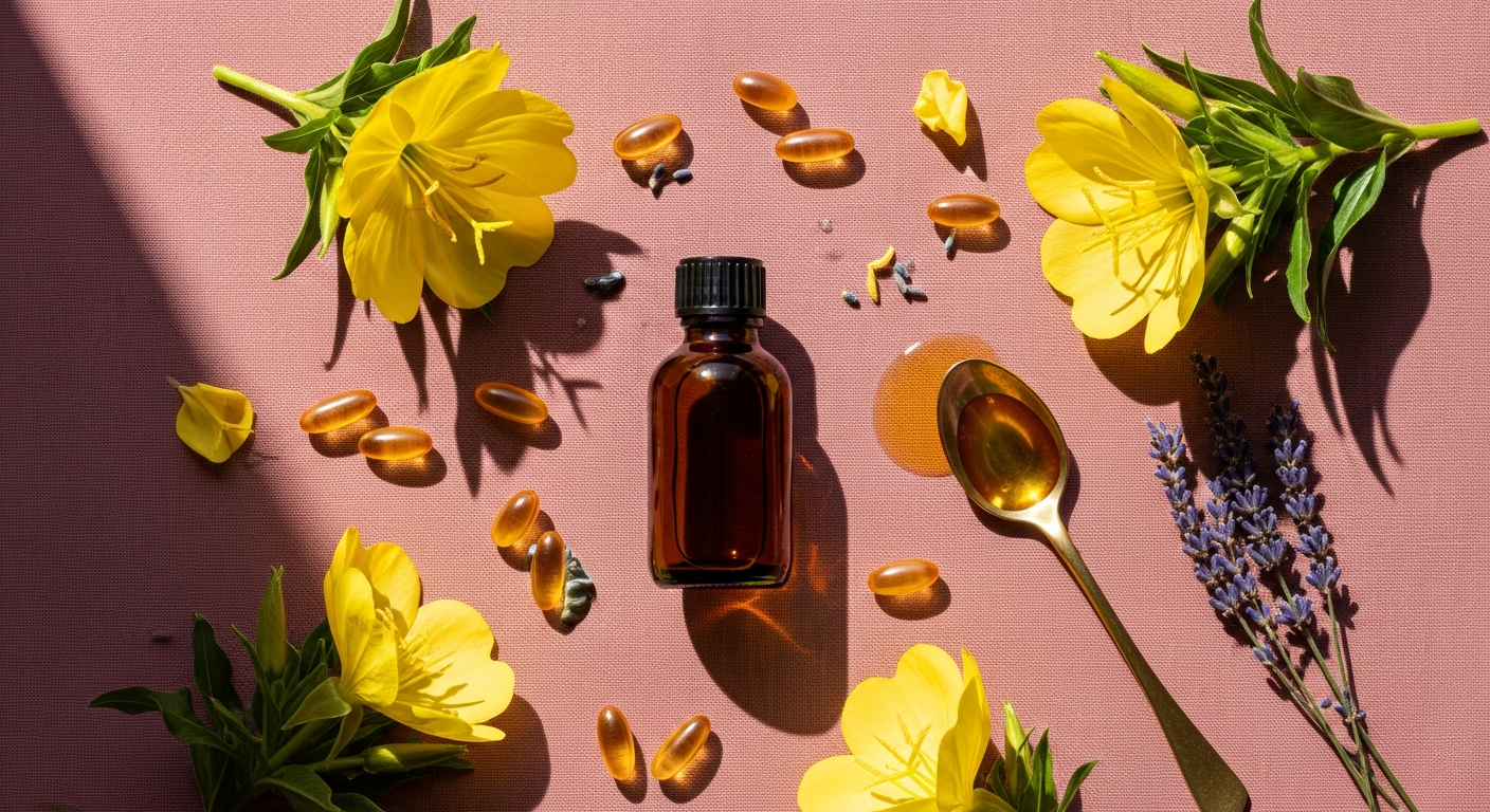 Evening primrose oil bottle with yellow flowers and gold softgel capsules on dusty rose linen - KINDNATURE