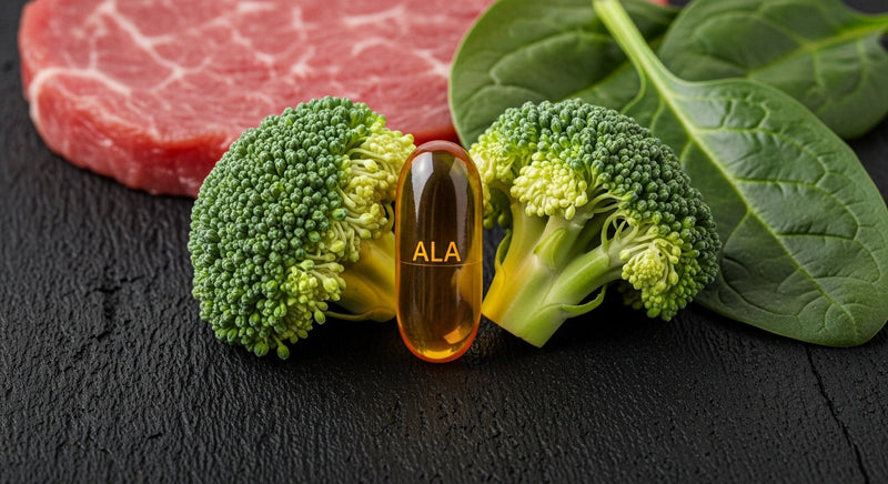 Alpha-lipoic acid supplement capsule with natural food sources including broccoli, red meat, and spinach — KINDNATURE clinical photography