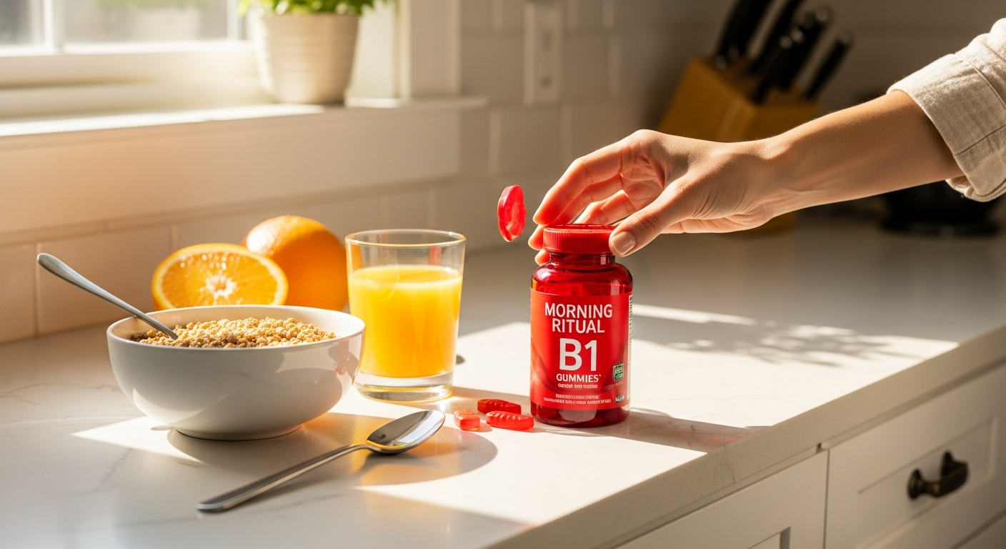 Morning ritual with B1 thiamine supplement on breakfast counter