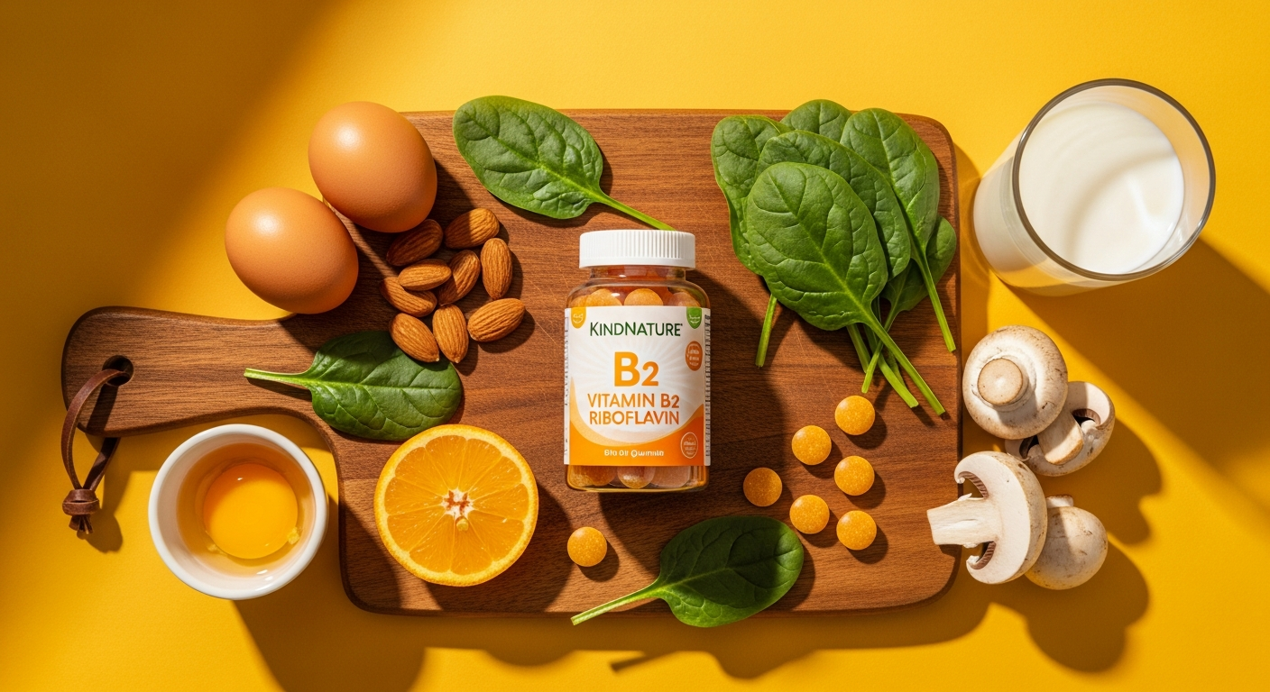 KindNature Vitamin B2 Riboflavin gummies surrounded by riboflavin-rich foods including eggs, almonds, spinach and mushrooms on a warm wooden cutting board
