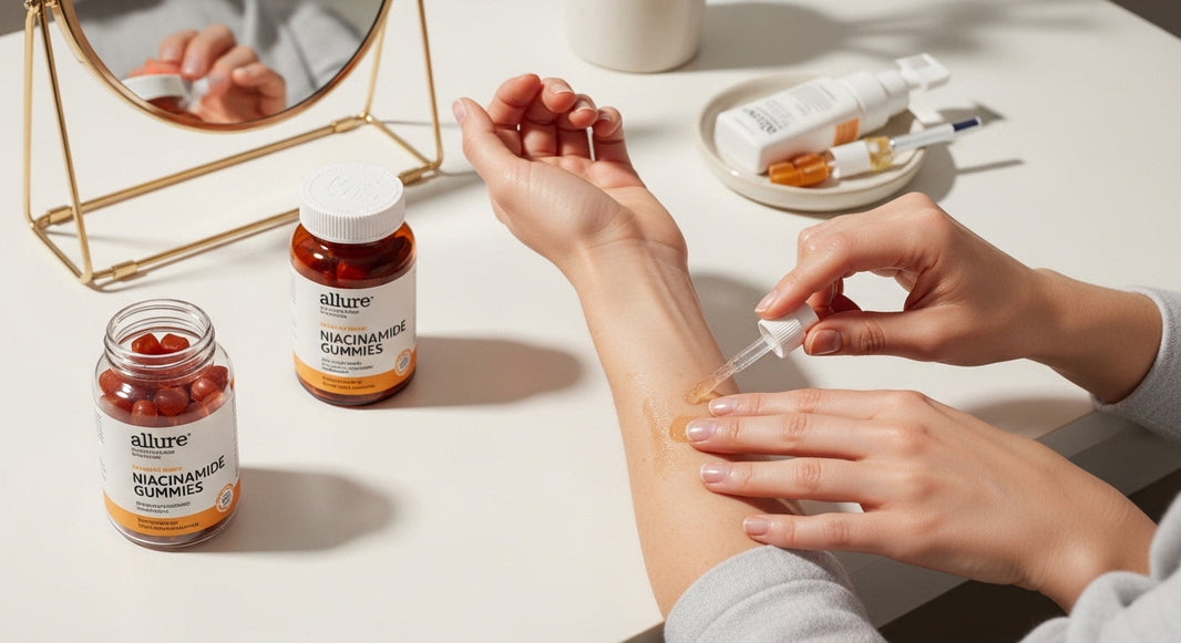 Woman discovering niacinamide skincare routine with supplements