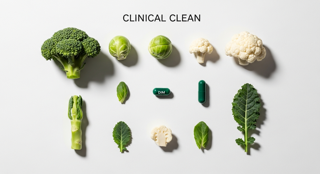 CLINICAL CLEAN — DIM supplement with cruciferous vegetables on white lab surface