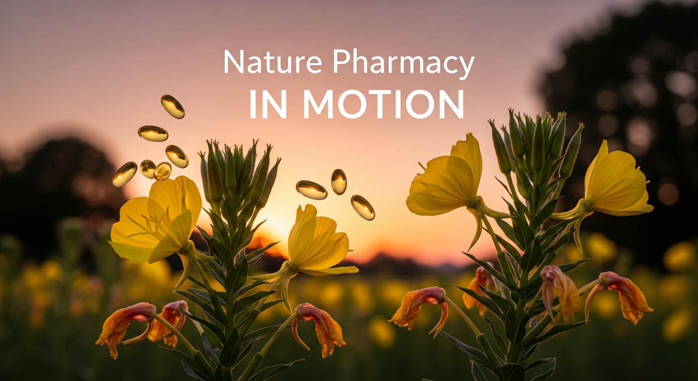 Evening primrose flowers swaying at sunset with golden softgel capsules among the petals